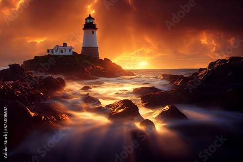 AI generated illustration of a majestic lighthouse in the middle of a rugged beach