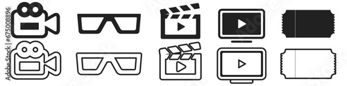 Solid black and line style cinema icon set. Flat vector illustration isolated on white background.