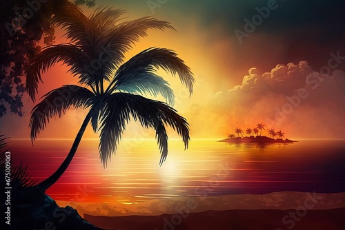 AI generated illustration of a vibrant and serene tropical sunset on the beach