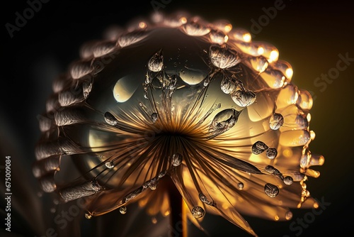 AI generated illustration of a dandelion covered in water droplets illuminated by soft glowing light