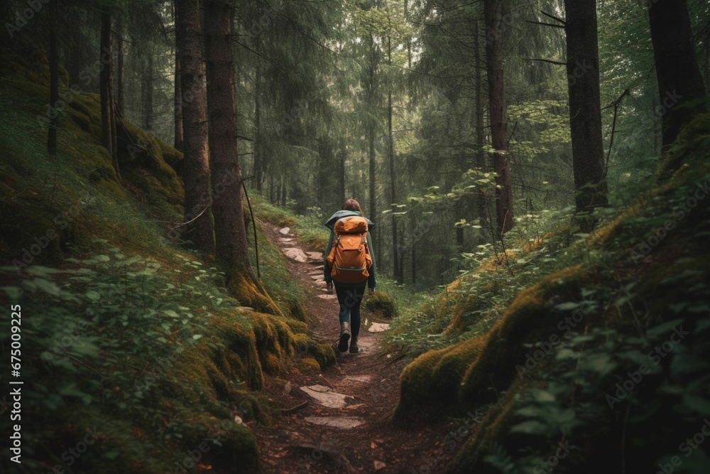 AI-generated illustration of a hiker making her way through a lush forest. AI-generated illustration of a hiker making her way through a lush forest.