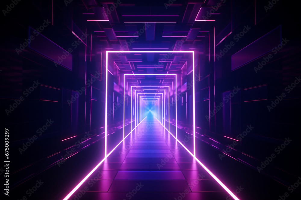 3d render. Geometric figure in neon light against a dark tunnel. Laser glow. Neon backgrounds 3d render. Geometric figure in neon light against a dark tunnel. Laser glow. Neon backgrounds