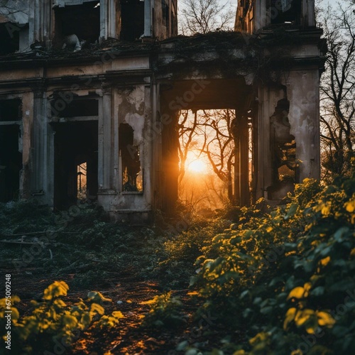 Ruins of an old building with a window in the middle of it at sunset