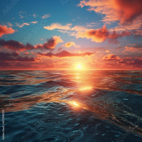 AI generated illustration of a sunset over the sea, with the sun beaming through the clouds
