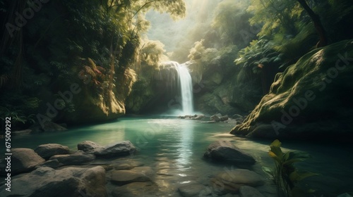 AI generated illustration of a tranquil river running through a lush green landscape