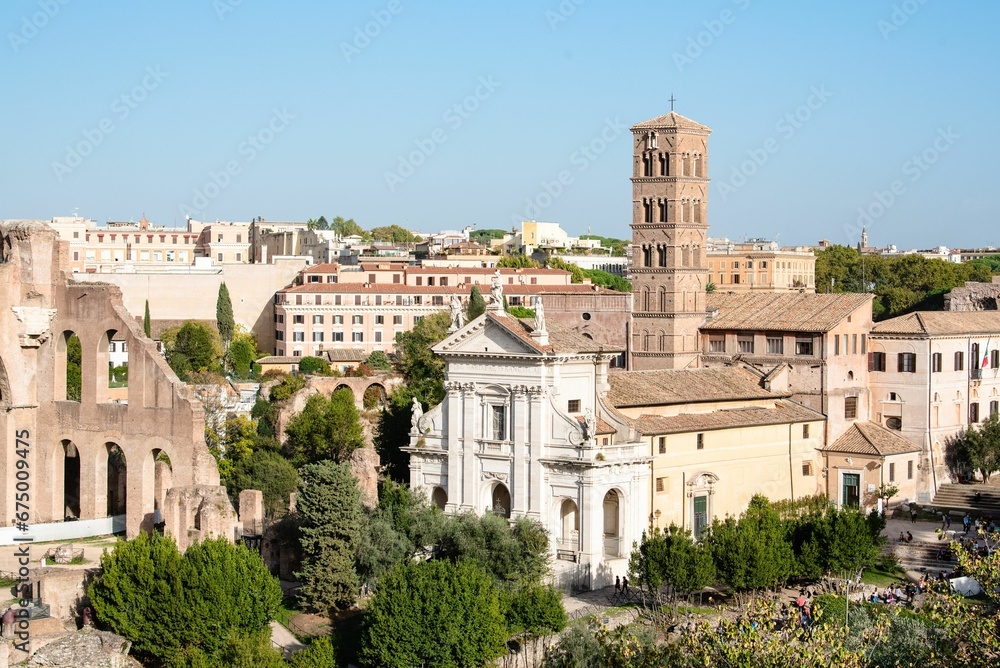 Skyline of Rome with Santa Francesca Romana in the foreground. Italy.