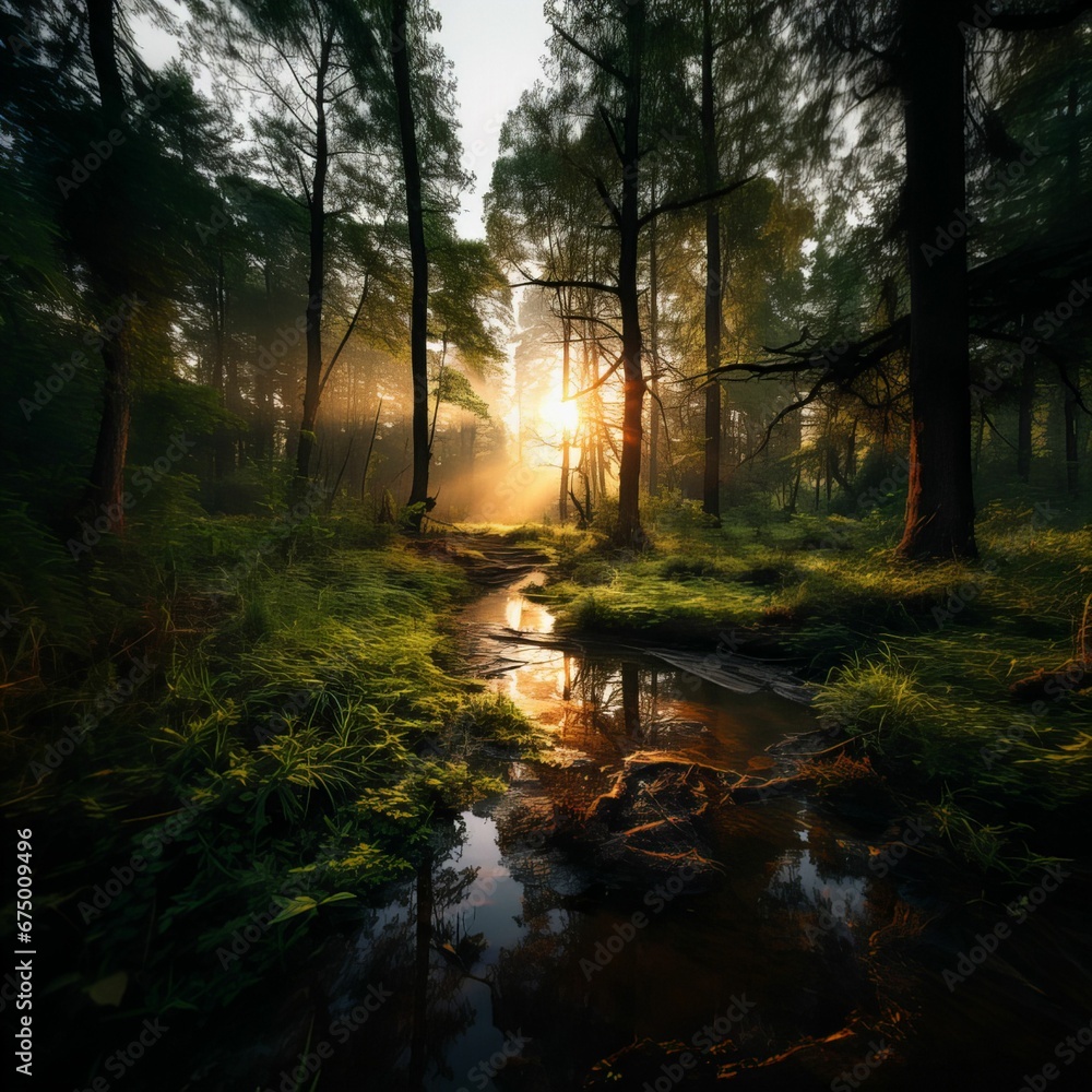 AI generated illustration of rays of sunlight filter through the foliage of a lush forest