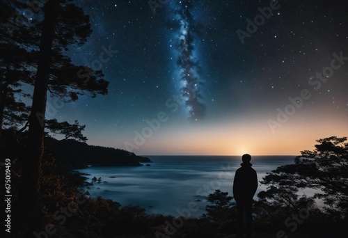 Lone figure standing atop a cliff, facing the night sky, AI-generated.