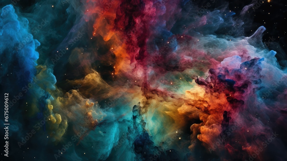 AI generated illustration of vibrant and colorful nebula in outer space, colorful clouds of gas