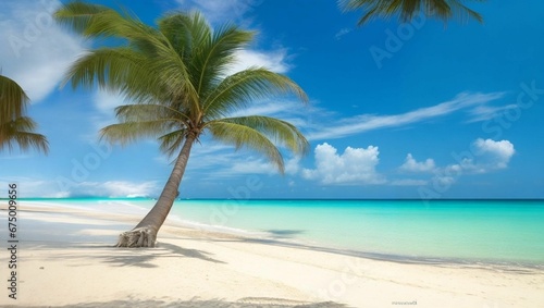 AI generated illustration of a palm tree on a white sand beach in front of a vast blue ocean