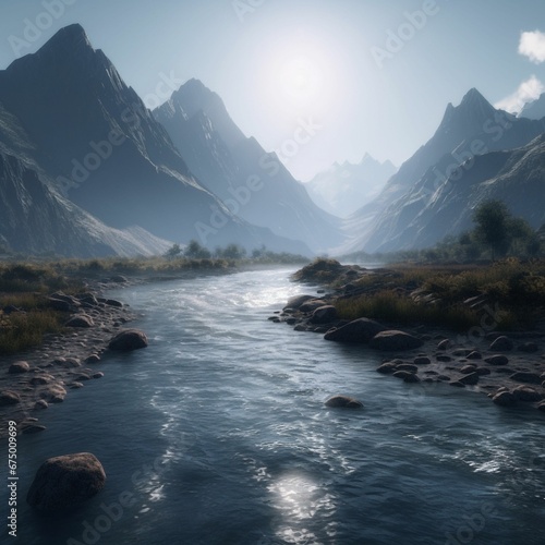 AI generated illustration of a river meandering through a valley between towering mountains