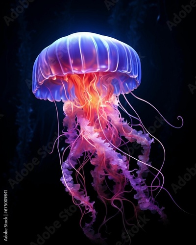 AI generated illustration of An illuminated purple jellyfish drifting through the water