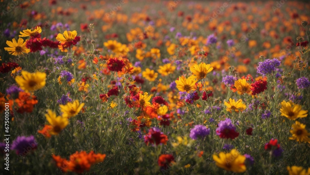A beautiful field of yellow, red, and purple wildflowers in bloom.