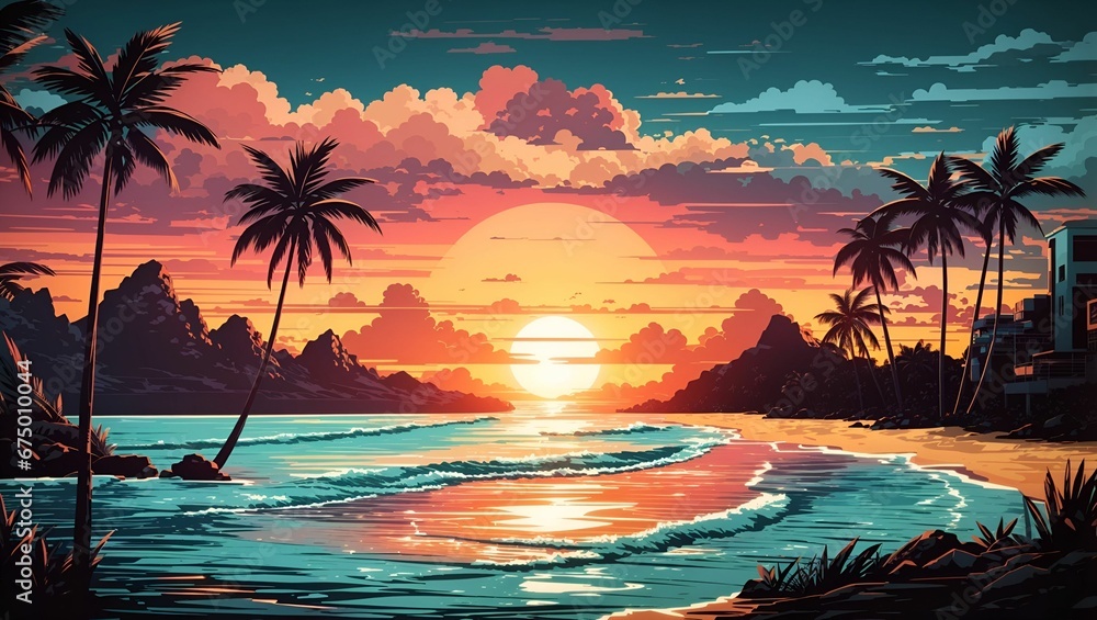 AI generated illustration of a beautiful sunset over a sandy beach