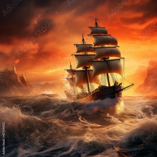 AI generated illustration of a sailing vessel gliding across the tumultuous ocean at sunset