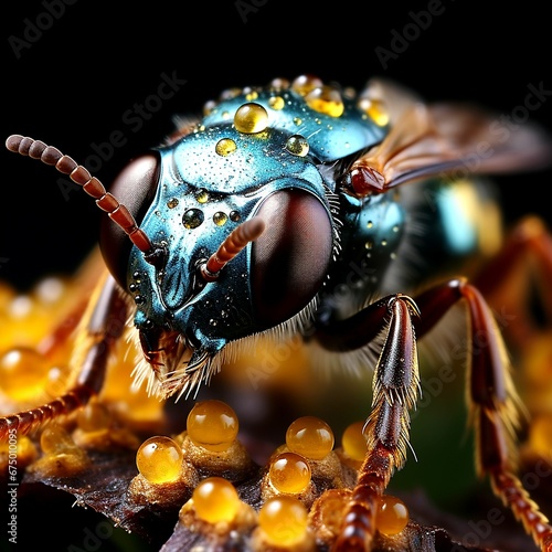 AI generated illustration of a vibrant blue wasp perched atop a yellow flower © Wirestock