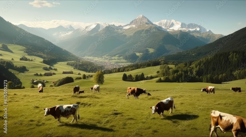 AI generated illustration of a landscape of a lush green grassy field with a herd of cows grazing