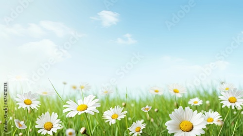daisy flowers growing in the meadow on a sunny day with blue sky