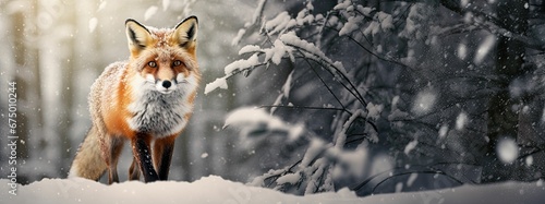 the fox is on the snowy hill, staring for prey © Wirestock