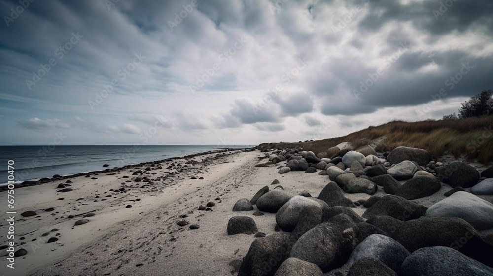 AI-generated illustration of a rocky shore surrounded by the sea under a cloudy sky