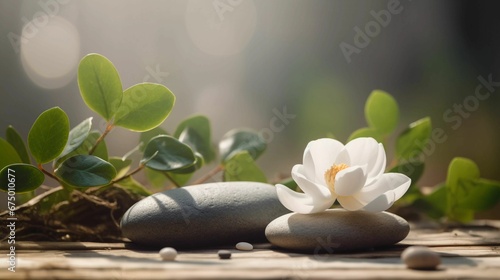 AI generated illustration of a tranquil scene of a white water lily, stones, and leaves on a table