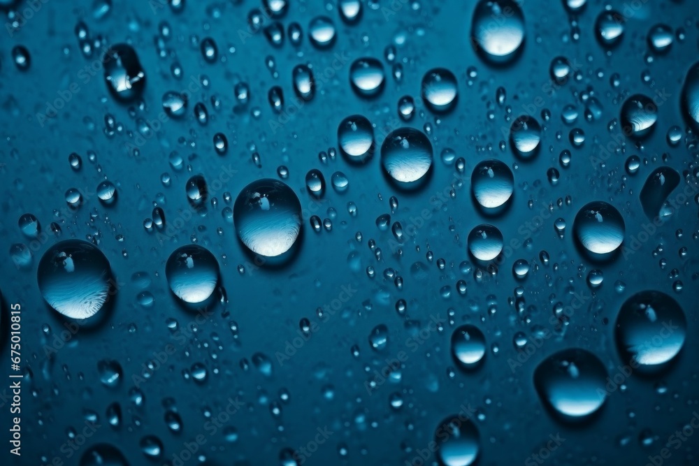 AI generated illustration of clear water droplets on a blue glass surface AI generated illustration of clear water droplets on a blue glass surface