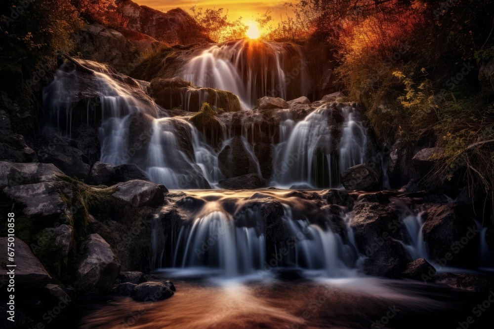 Obraz premium Majestic landscape of a waterfall cascading down a cliff at sunset. AI-generated.
