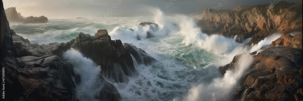AI generated panoramic illustration of a rocky beach and crashing waves