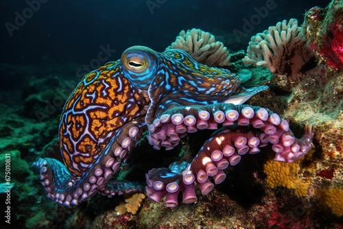 AI generated illustration of a beautiful vibrant octopus underwater