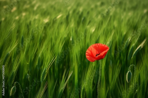 AI generated illustration of a vibrant red poppy on a luscious green field