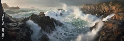 AI generated panoramic illustration of a rocky beach and crashing waves