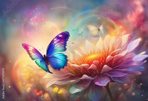AI generated illustration of a vibrant butterfly flying in a field of flowers © Wirestock