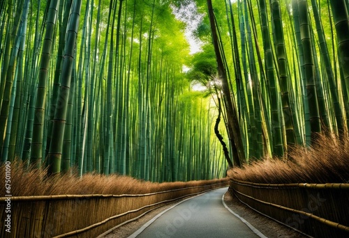 AI generated illustration of An idyllic scene of a winding road snaking through a bamboo forest
