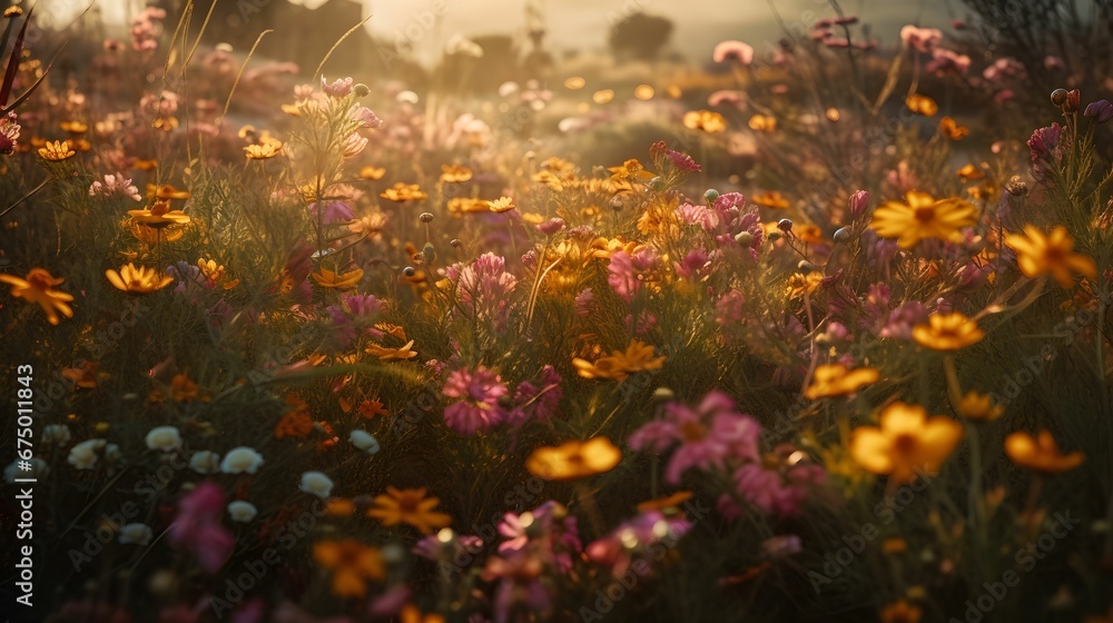AI generated illustration of a collection of blooming flowers in a variety of vibrant colors AI generated illustration of a collection of blooming flowers in a variety of vibrant colors