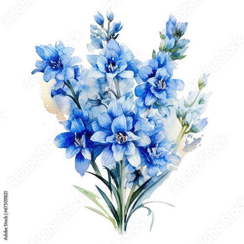 watercolor blue delphinium flower bouquet isolated on transparent background photo