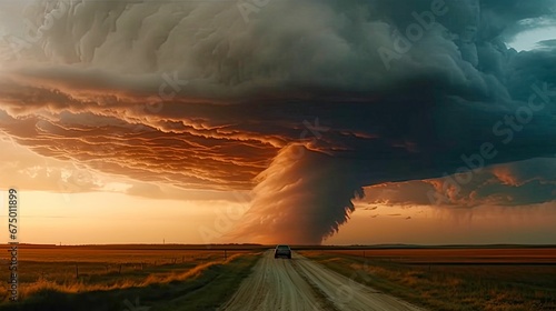Twister eating up the highway as a storm chaser heads into the storm. AI Generated Storm landscape.