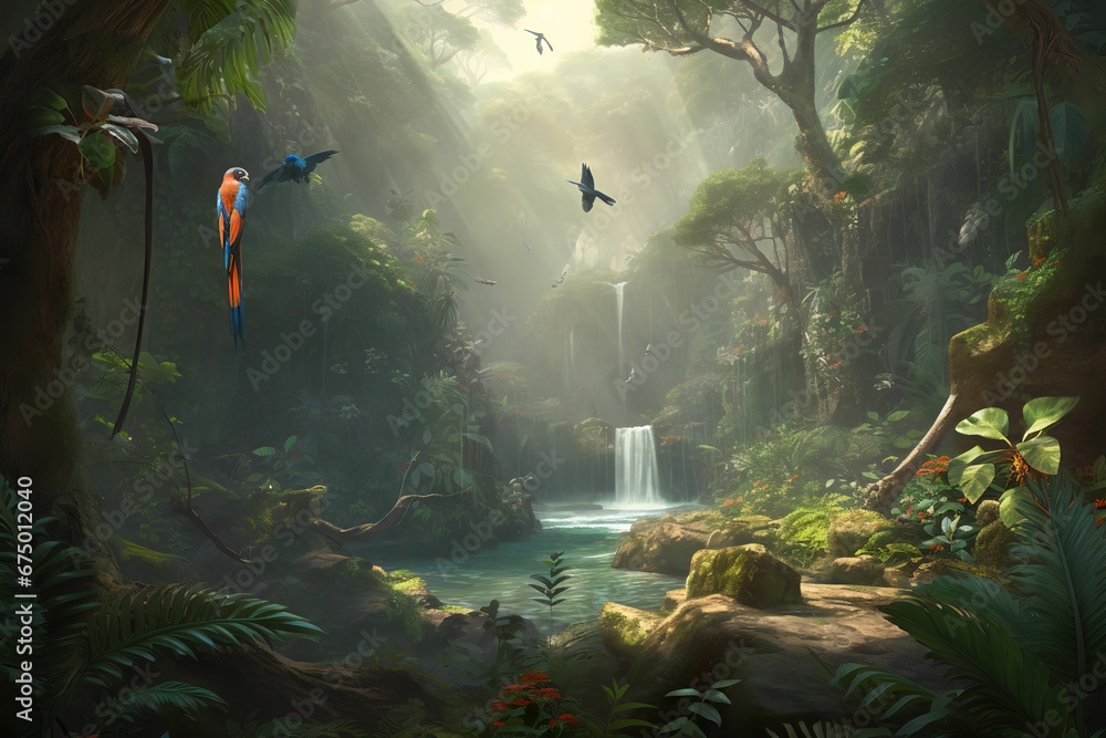 some birds fly above the waterfall in a jungle scene with lush trees and vegetation some birds fly above the waterfall in a jungle scene with lush trees and vegetation