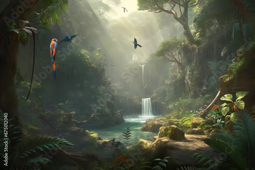 some birds fly above the waterfall in a jungle scene with lush trees and vegetation