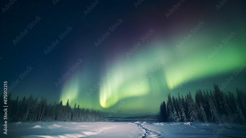 AI generated illustration of beautiful aurora borealis lights over a snowy winter forest