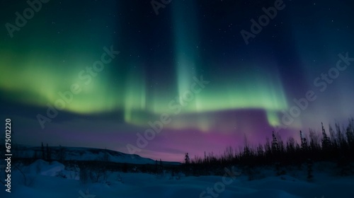 AI generated illustration of beautiful aurora borealis lights over a snowy winter forest © Wirestock