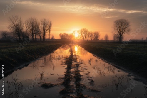 AI generated illustration of a scenic view of a sunset over a rural landscape