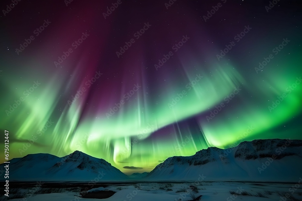 AI-generated illustration of stunning polar lights above snow-capped mountains.