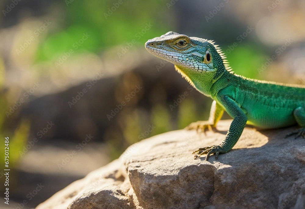 AI generated illustration of a green lizard perched atop a rocky outcrop in a natural environment AI generated illustration of a green lizard perched atop a rocky outcrop in a natural environment