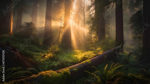 AI generated illustration of a lush  vibrant forest with the sun shining through
