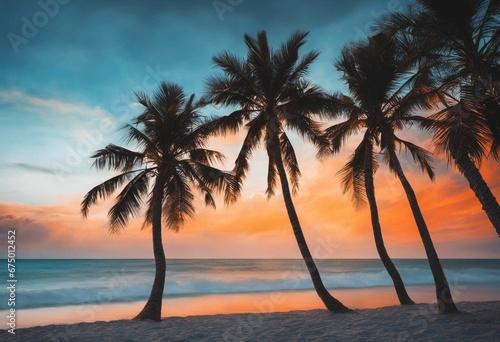 AI generated illustration of a stunning beach featuring a shoreline with palm trees © Wirestock