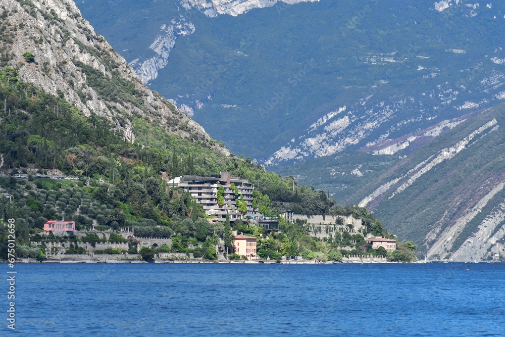 Scenic view of the lake Garda with majestic mountains in the background, in Italy
