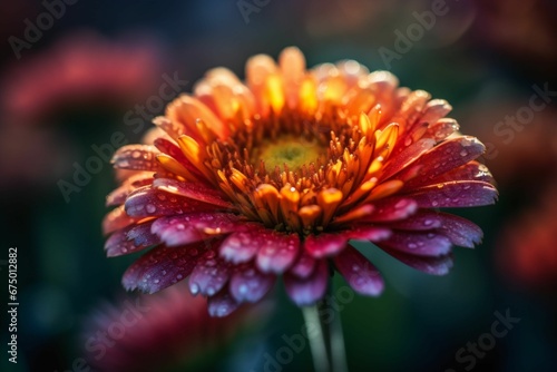 AI-generated illustration of a vibrant pinkish-orange flower with dew drops.