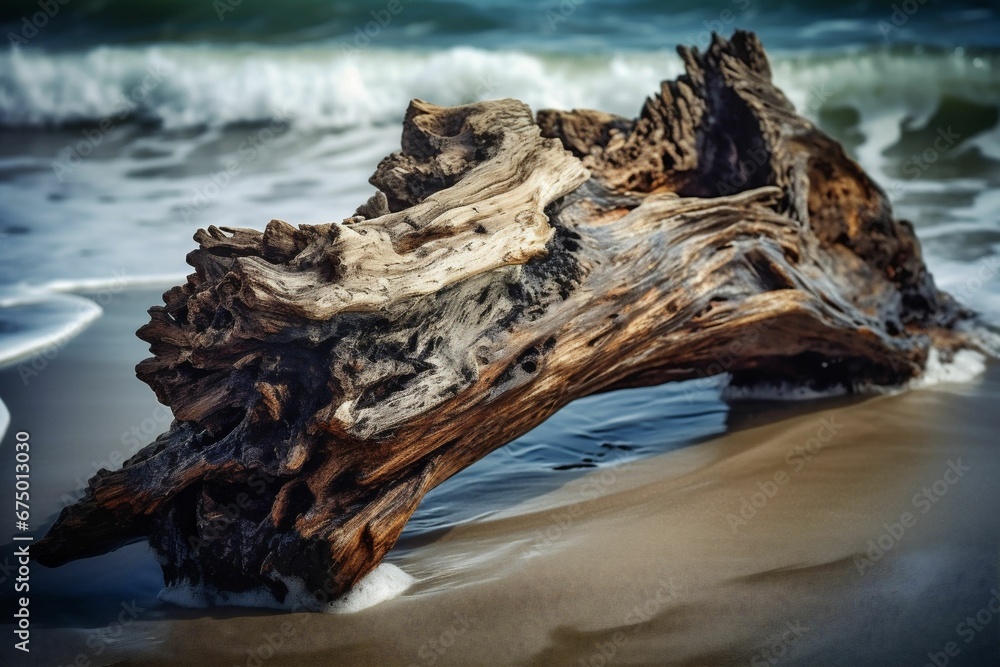 AI generated illustration of cut log of wood on the sandy beach shoreline