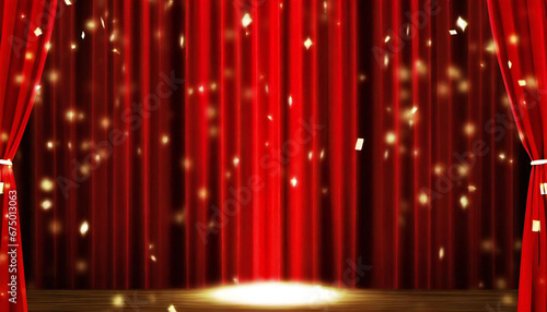 赤いカーテン素材。スポットライト。紙吹雪。red curtain material. Spotlight. Confetti.