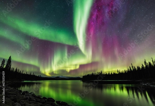 AI generated illustration of a stunning aurora lights up the night sky above the Arctic landscape